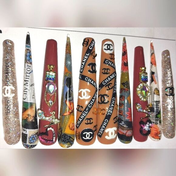 Hand crafted custom print 10pc 3xl acrylic press on nails sz Large - Picture 5 of 6